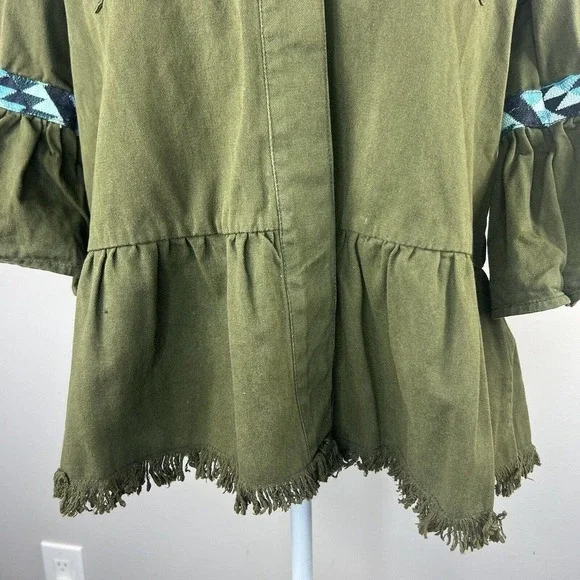 Beautiful Stories Anthropologie Inika Olive Green Utility Jacket S Embroidered - Picture 7 of 16